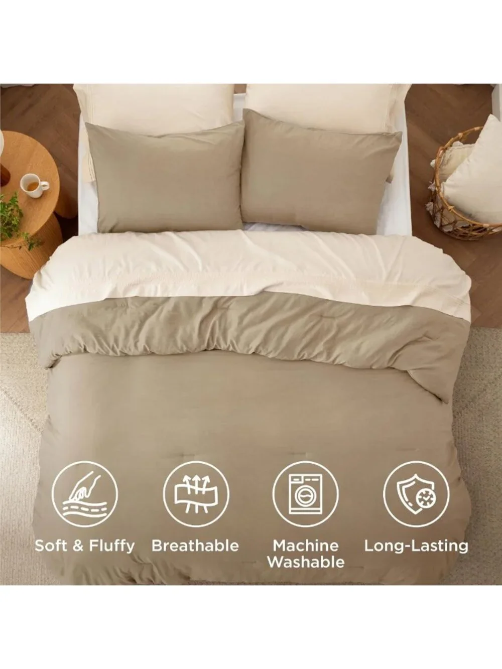 Cozy Khaki Queen Comforter Set - Soft Prewashed Bedding, 3-Piece All Seasons Set